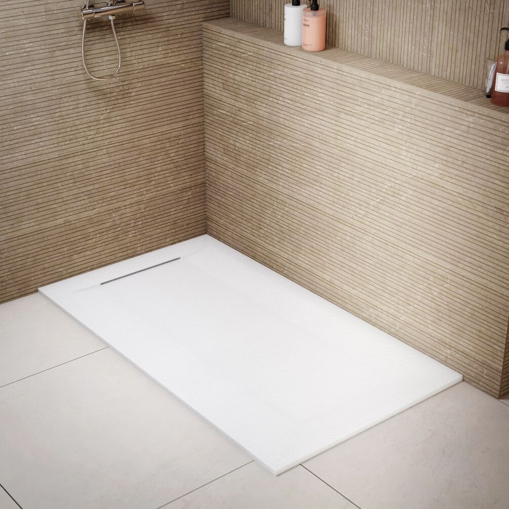 Lifestyle image of the Onyx Zeus Plus White Stone Effect 1600mm x 900mm Shower Tray